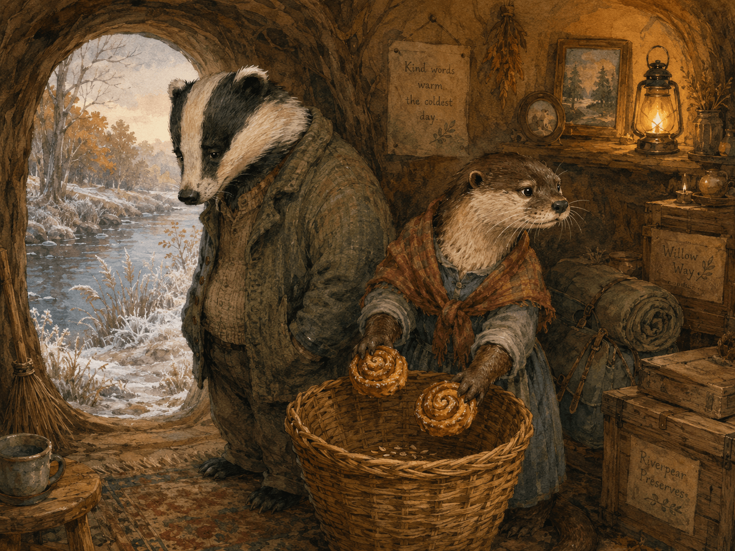 A badger and an otter stand beside a reed basket containing two cinnamon pastries and a few seeds inside a riverside lodge.