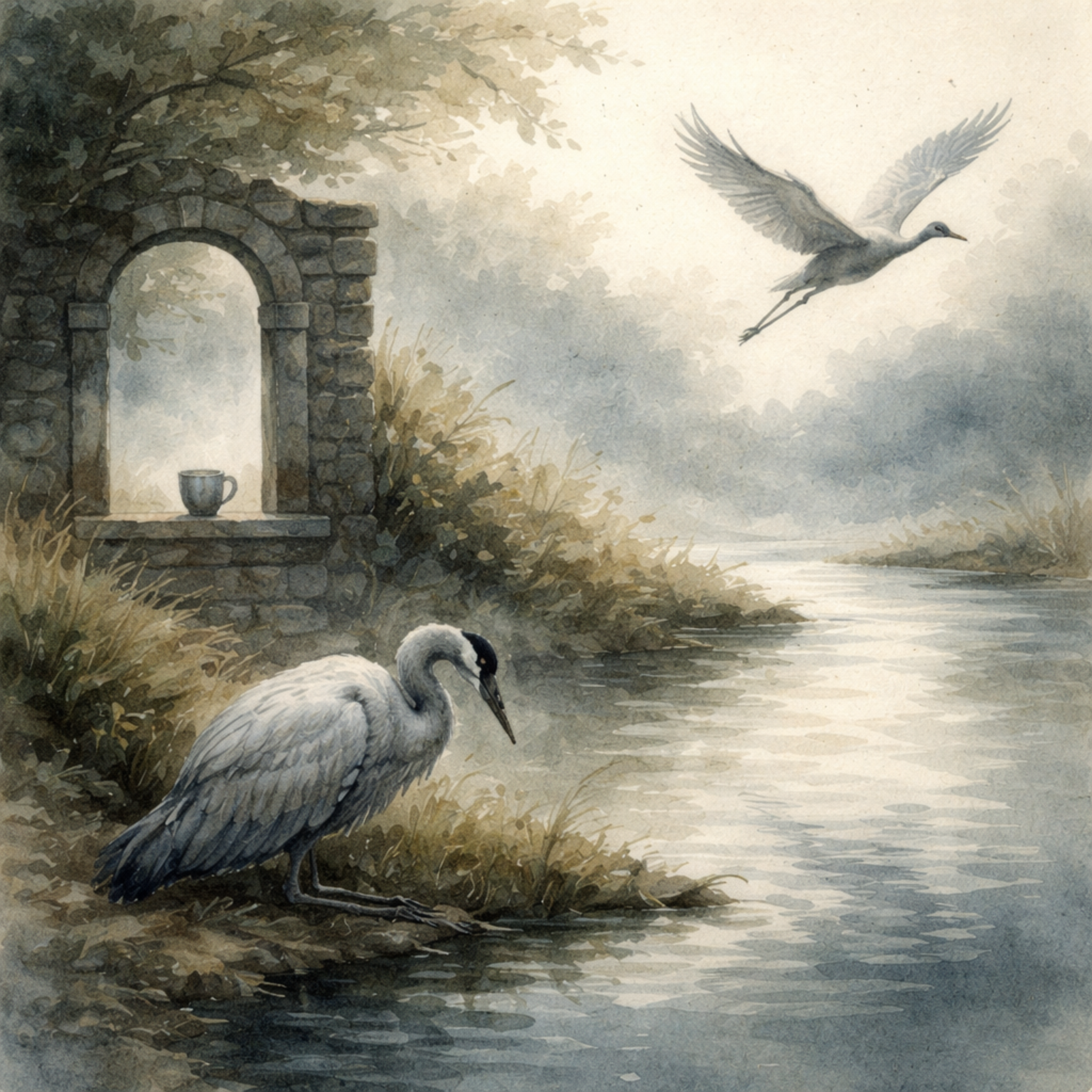 Two cranes; one sitting sadly by the river, the other flying away