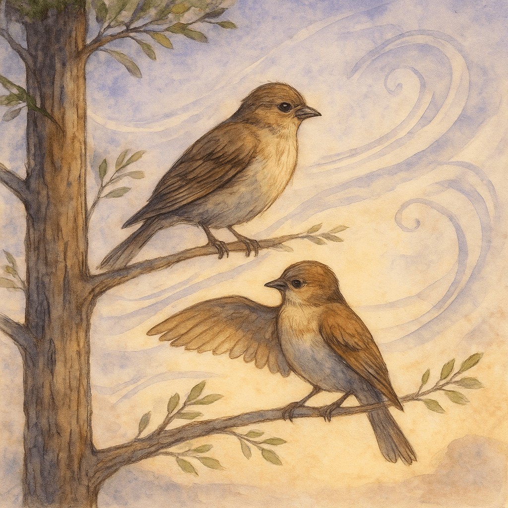 Watercolor: a young songbird and her father on a cedar branch, soft ribbons of wind lifting feathers at dawn.
